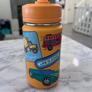 NWT Life is Good Stainless Steel Kid Water Bottle Orange Truck Car 14 oz